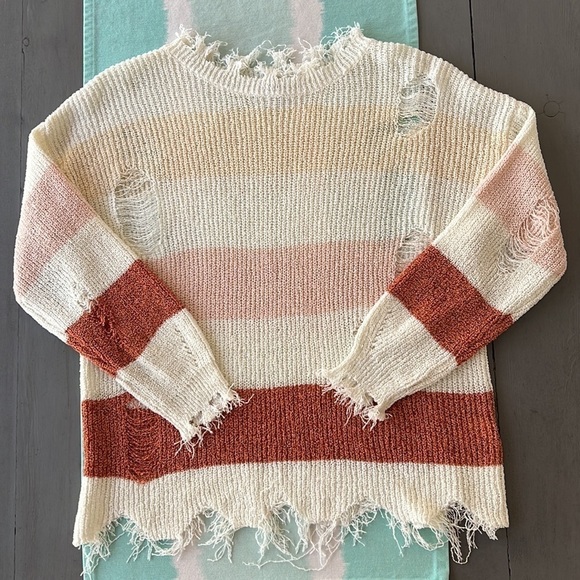 Le Lis Sweaters - Le Lis Distressed Striped Knit Sweater Shark Bite Hem Boho Size S